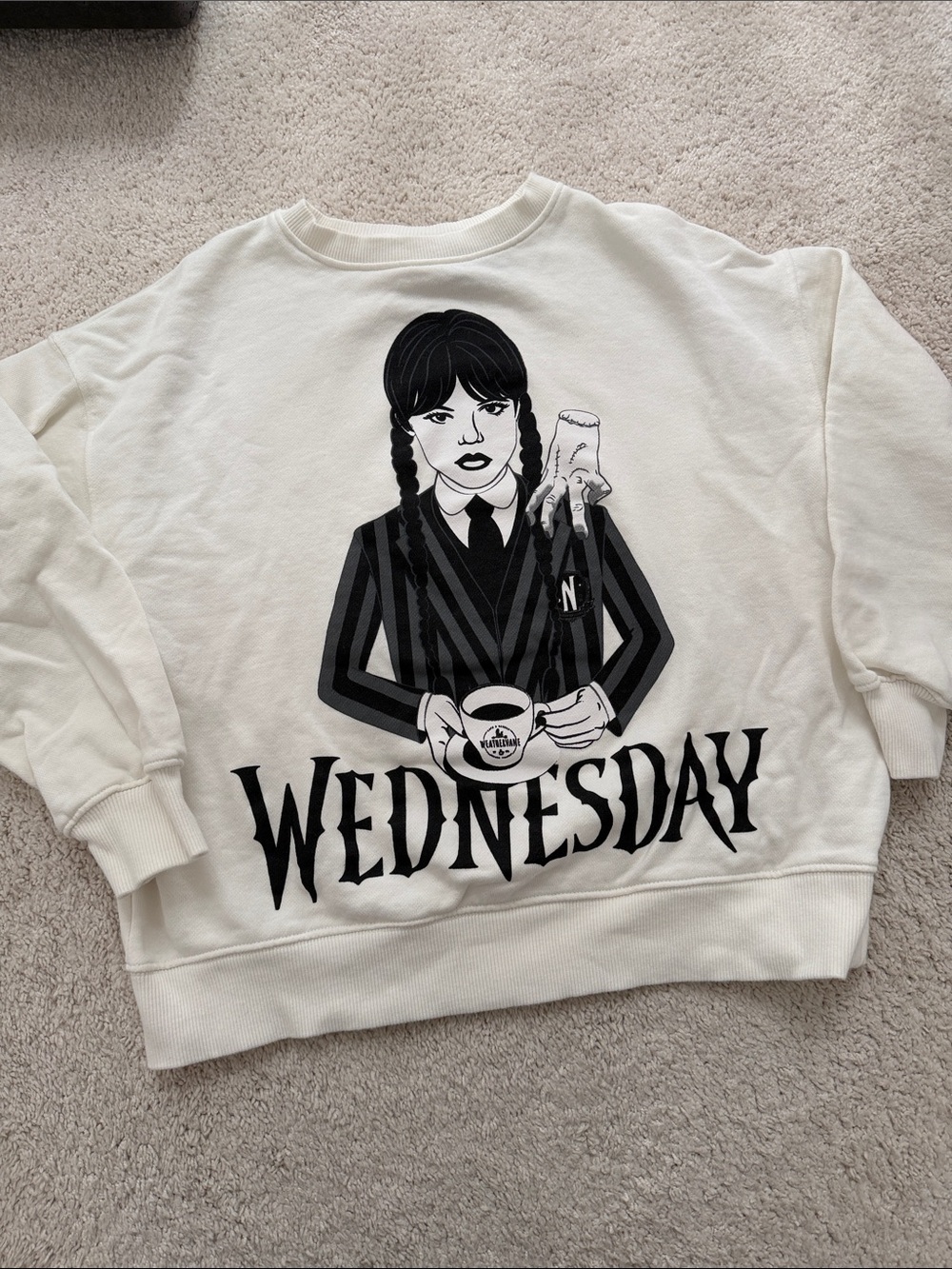 Zara White Graphic 'Wednesday' Crewneck Sweatshirt